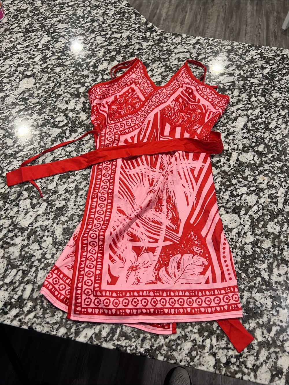 SHEIN Pink Blush Floral Print Dress with Red Stitching